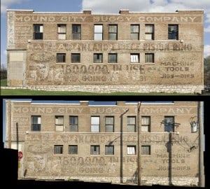 Before and after images of Dr Ken Jones' mosaic technique for photographing ghostsigns