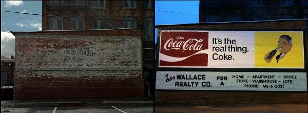 Two photos showing the repainting of a Coca-Cola sign on a wall in Salisbury