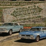 Watercolour by Dana Forrester showing two classic cars in front of a painted wall sign for Wrigley's Doublemint gum