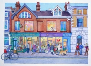 Watercolour showing a double shop front in Lewes