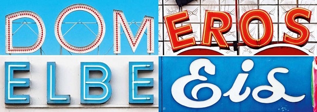 Page from Hamburg Alphabet book showing four examples of public signage