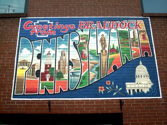 Hand-painted wall mural 'Greetings from Bradock, Pennsylvania'
