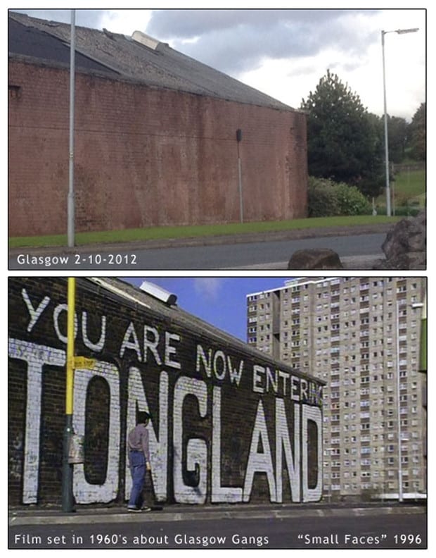 Before and after photos showing fading of graffiti on wall in Glasgow