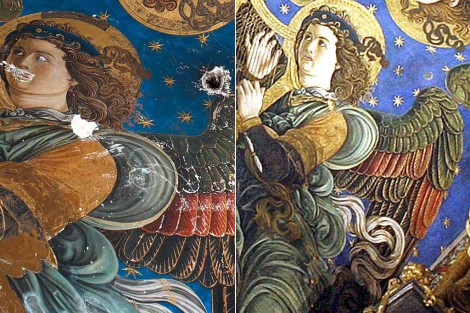 Before and after of angel on a fresco that was restored following vandalism