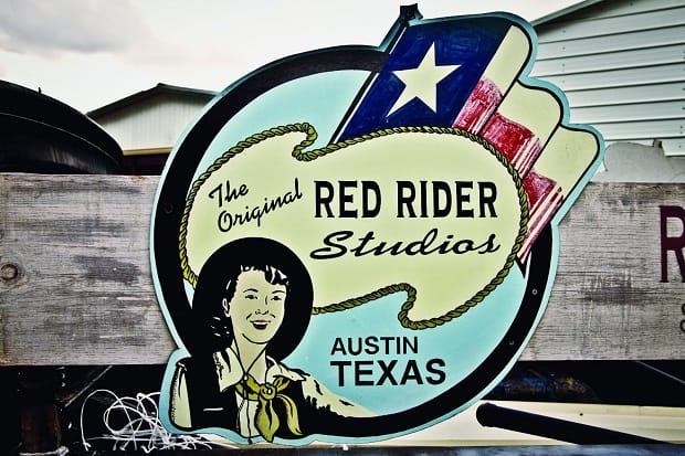Photo of painted sign for Red Rider Studios