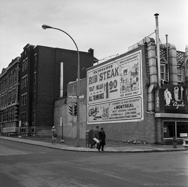 Montréal street scene with ghostsign in archival image
