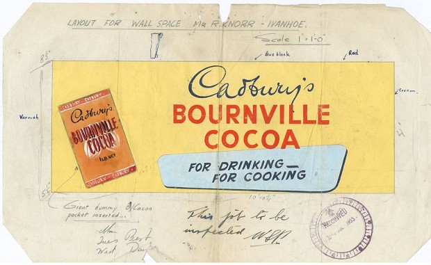 Layout of painted sign on paper for Cabury Bournville Cocoa