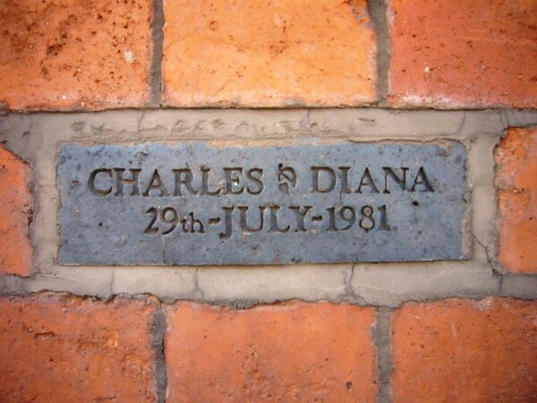 Carved brick commemorating wedding of Charles and Diana