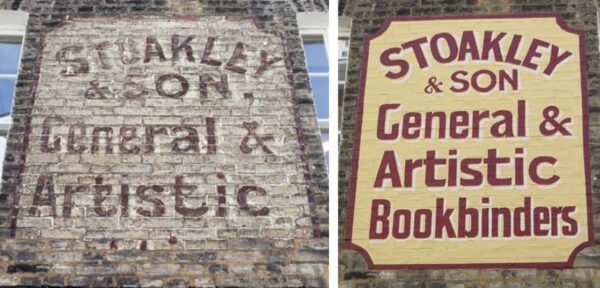 Before and after of repainting of Stoakley & Son sign