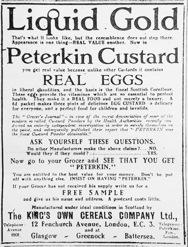 Advertisement for Peterkin Custard with 'Liquid Gold' headline.