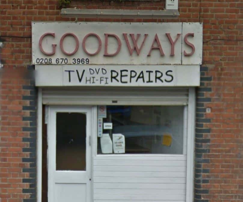 Shop front for Goodways Electrical on a converted garage on Dalton Street, West Norwood.