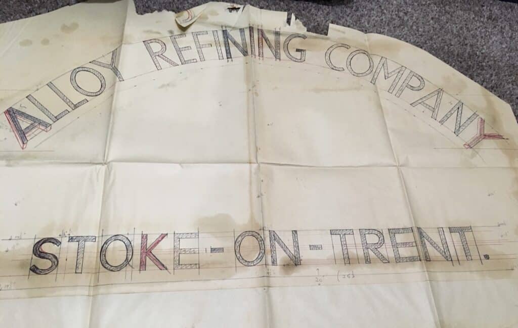 Drawing for a sign for the Alloy Refining Company in Stoke-on-Trent.