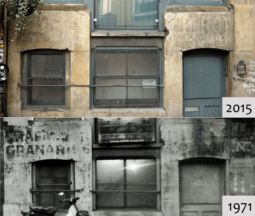 Close-up images showing the wall at 13–15 Park Street, and the fading painted signs visible in 1971 and 2015.