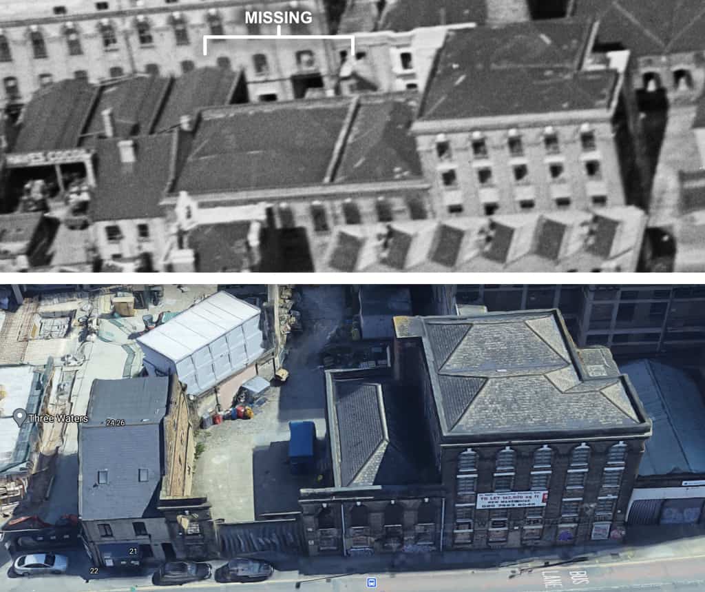 Comparison of aerial photos showing loss of a building between 1924 and 2020