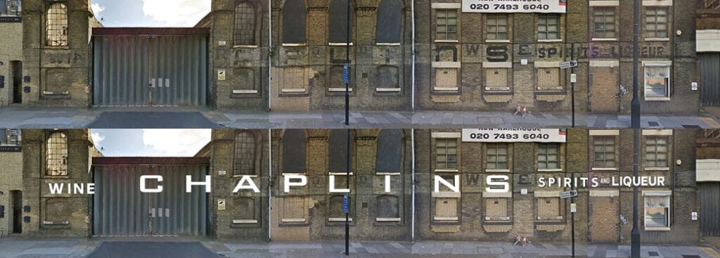 Typography set over image of whole building group to check letter spacing with hypothetical text.