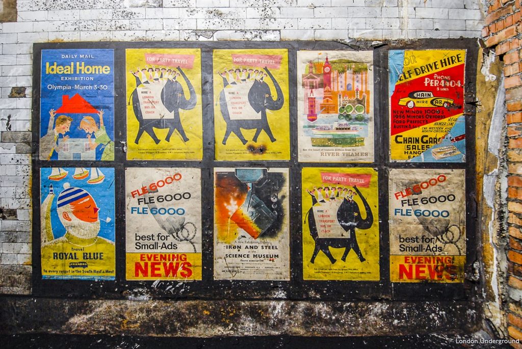Advertising time capsules at Notting Hill Gate station in the form of vintage 1950s posters.