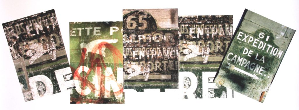 Composite image of fading painted signs with directional elements. drawn from the New York State Ghost Signs photographed by Margherita Fabrizio.