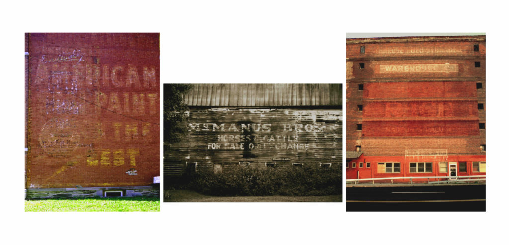 Composite of three fading painted signs from the New York State Ghost Signs photographed by Margherita Fabrizio.