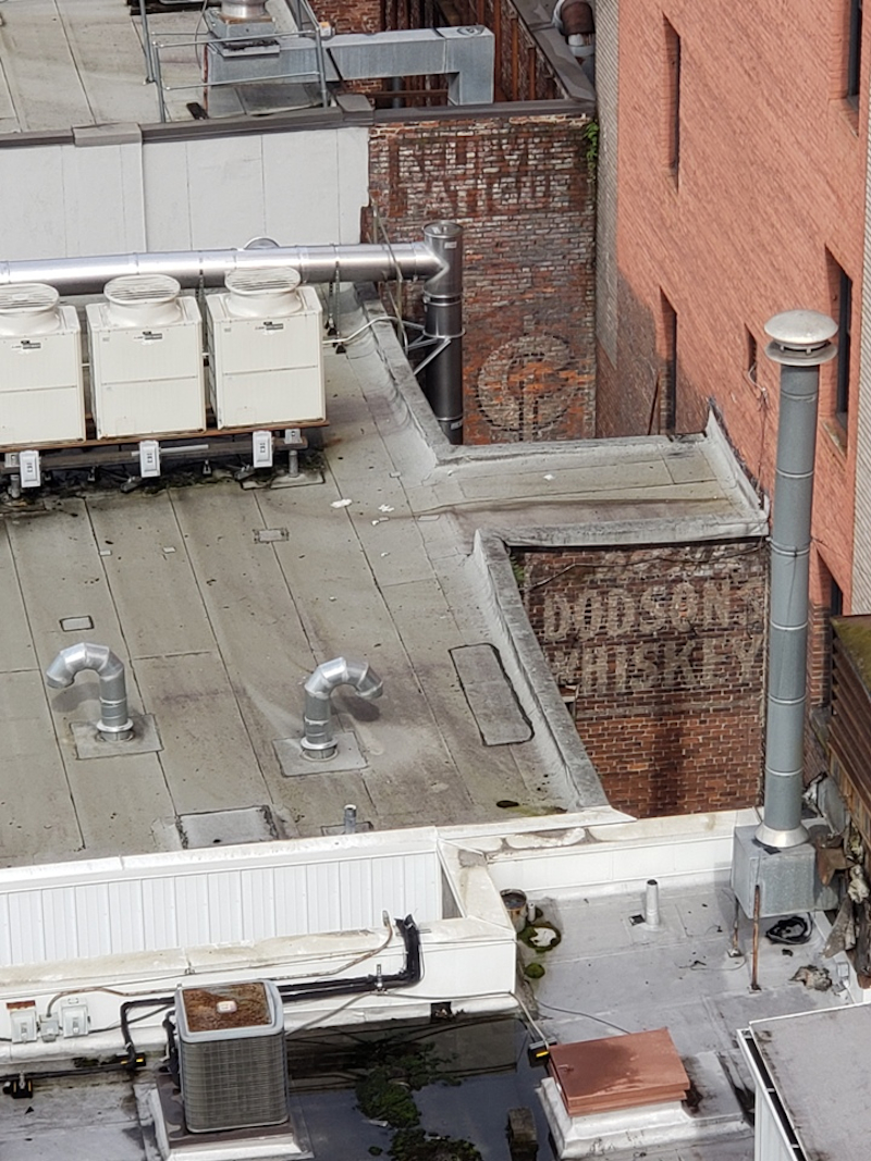 Photo taken from above a group of buildings. In two small open spaces there are older walls with fading hand-painted signs on them, one advertising Coca-Cola, the other Dodson's Whiskey.