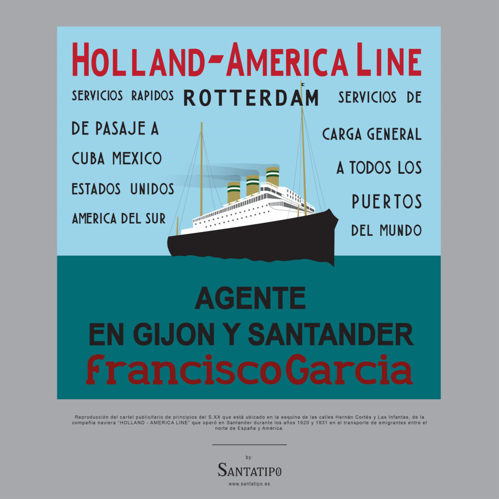 Digital graphic of a sign that shows a large steamship sailing on the ocean, surrounded by lettering advertising the services of the Holland-America Line.
