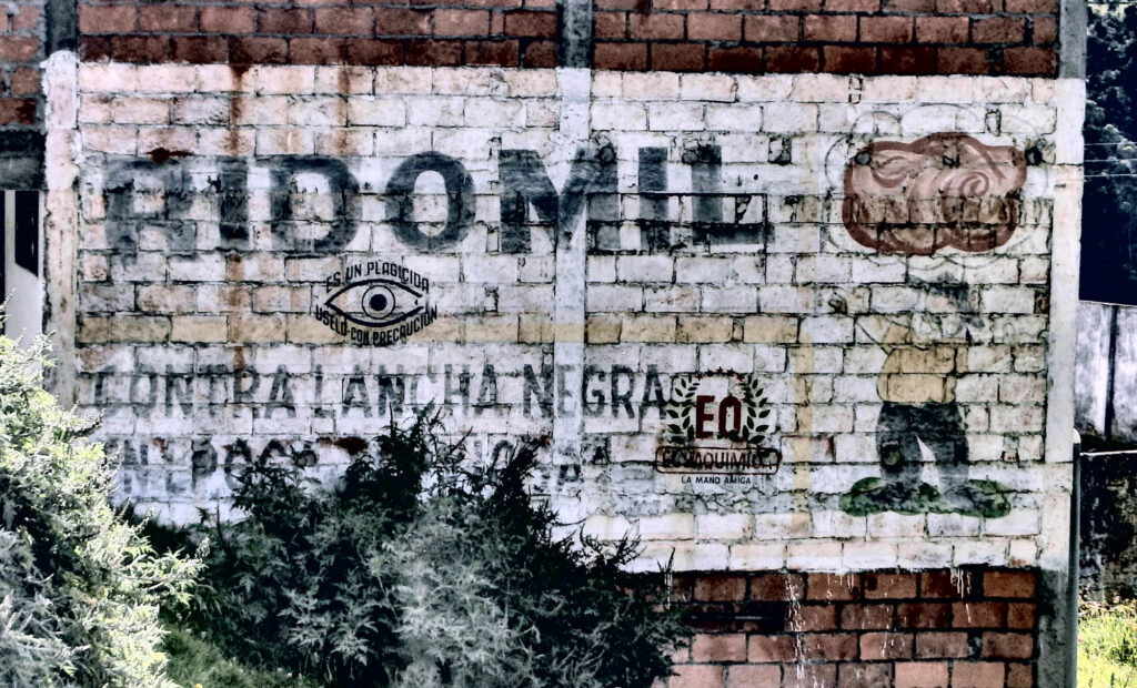 Fading painted sign on a brick wall surrounded by shrubery. The sign is dominated by the text (quoted in the caption) and has a cartoon-style illustration of a farmer that has a though bubble above his head with a picture of a potato inside.