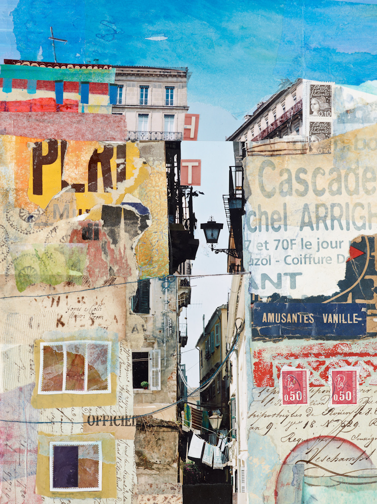 Collage comprised of various elements of texture, colour, and lettering/typography, brought together to create a narrow alleyway in the centre with tall buildings left and right. Above is blue sky.