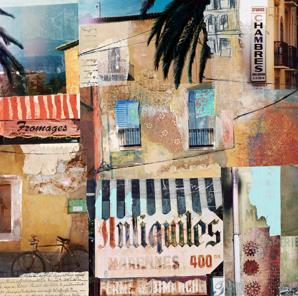 Collage comprised of various elements of texture, colour, and lettering/typography, brought together to create a fragment of a street scene from a rural French village or town.