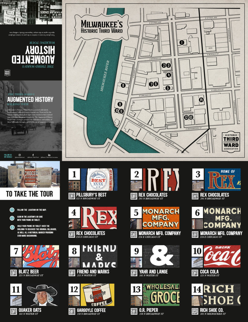 Flat image of a folding map, with the top portion having the title, 'Augmented History' and the map itself with 14 pins on it. The bottom half then shows snippets of what can be seen at each of these locations in the form of visible ghost signs and the recreated artwork deployed within the augmented history application.